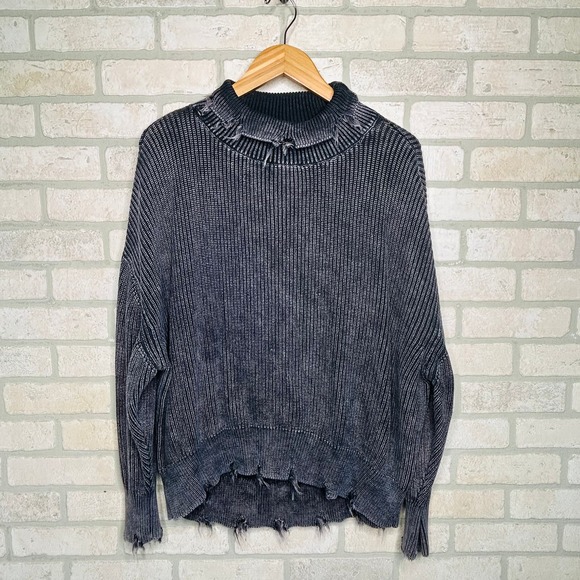 Young Fabulous & Broke Sweaters - Oversized Turtlenecck Sweater Acid Washed Gray Distressed